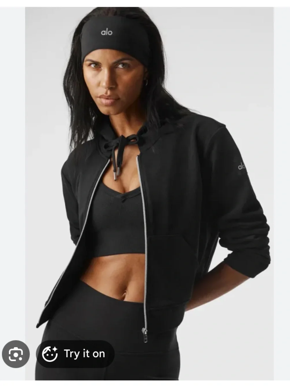 Alo routine cropped hoodie zip up black SZ S jacket